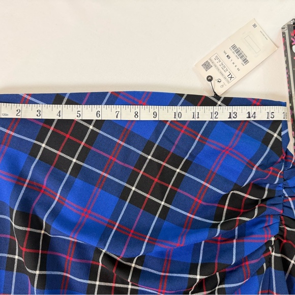 ZARA Blue Plaid Asymmetrical Set/Off-The-Shoulder Top & Ruched Slit Midi Skirt - Picture 12 of 16